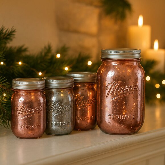 NWT Set of 4 Vintage Mason Jar Limited Edition Mercury Glass Rose Gold With Lids - Picture 16 of 16